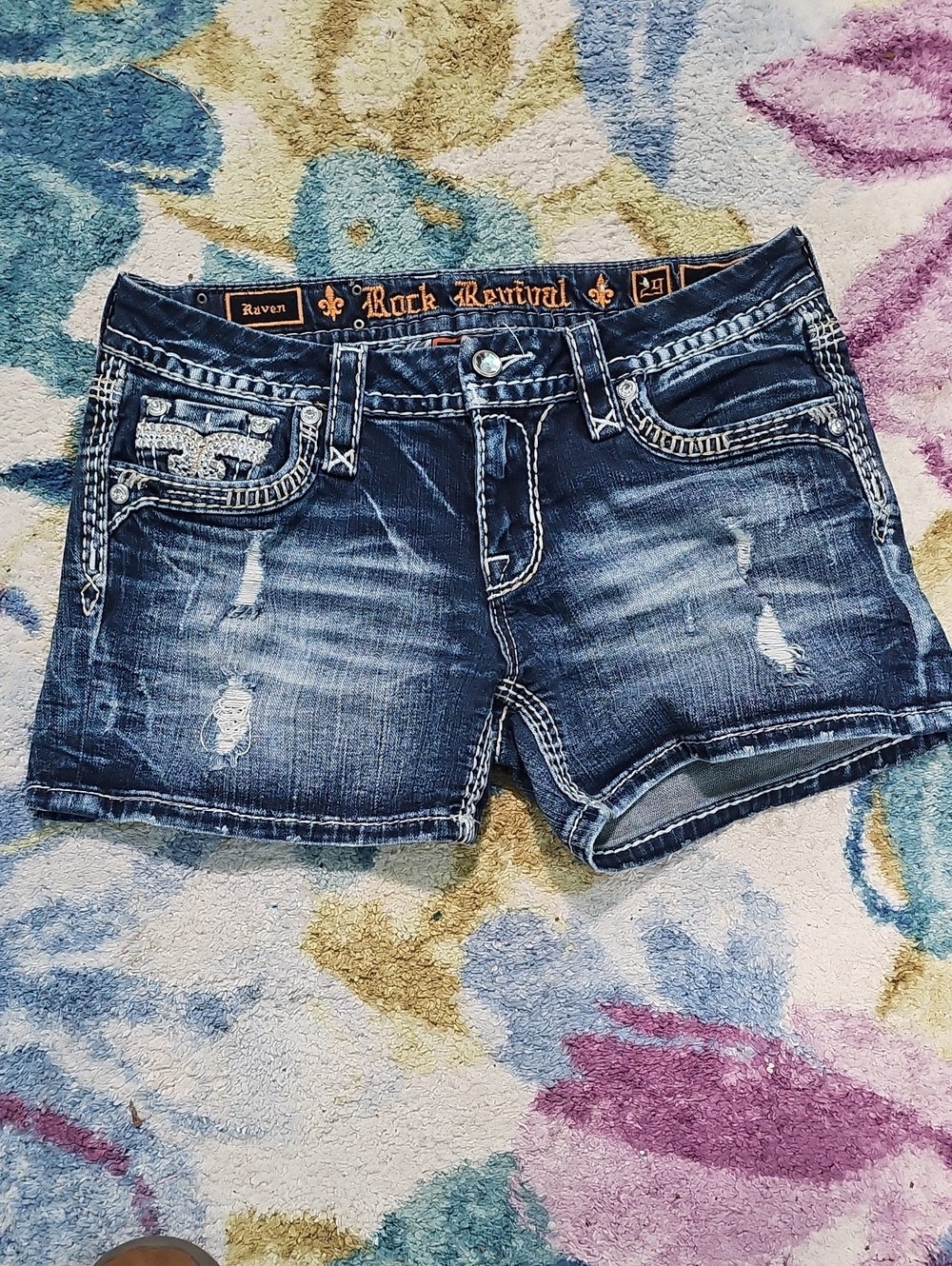 Rock Revival Distressed Dark Blue Denim Shorts "Raven" Size 29